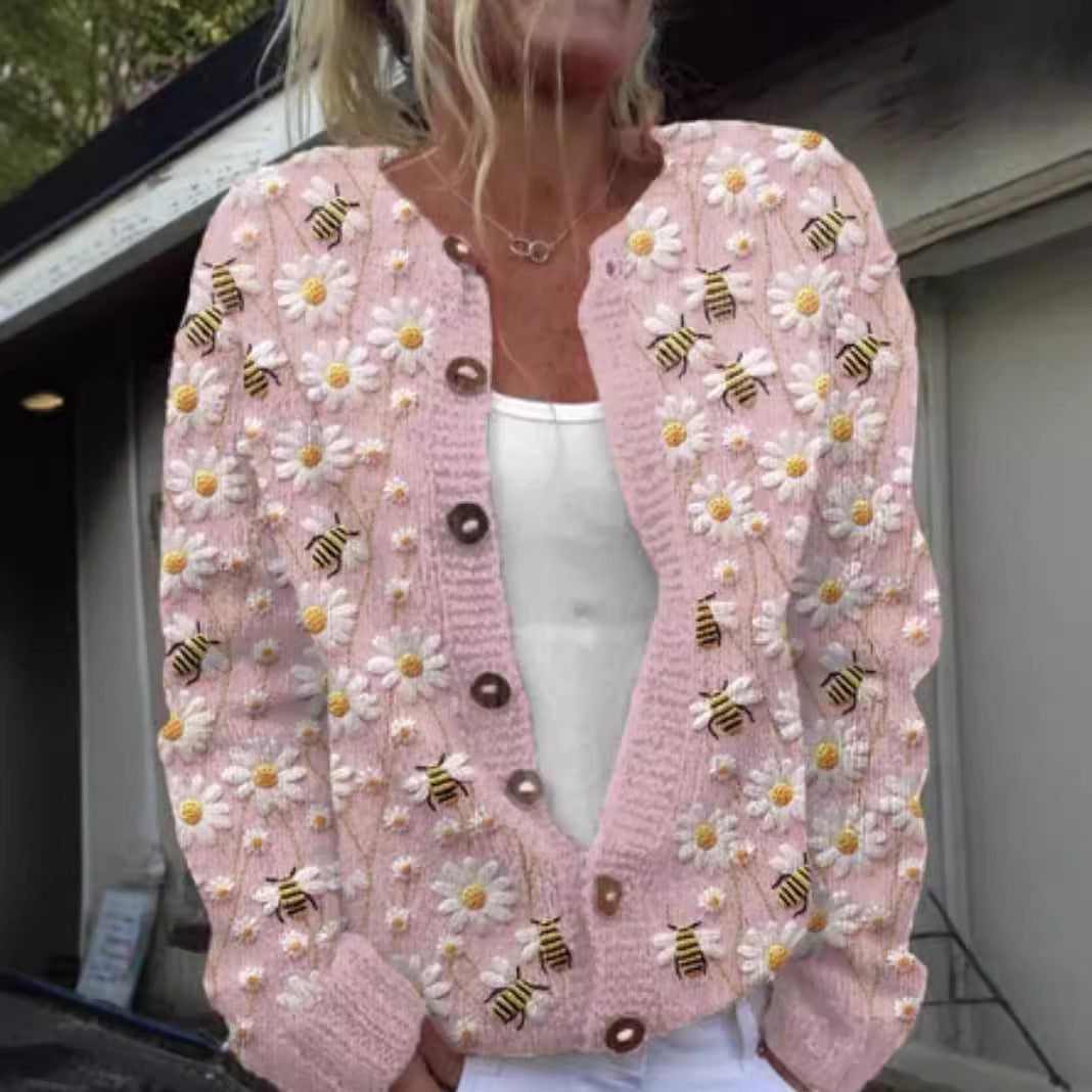 3D Digital Print Cardigan Strikket Frakke Damebeklædning