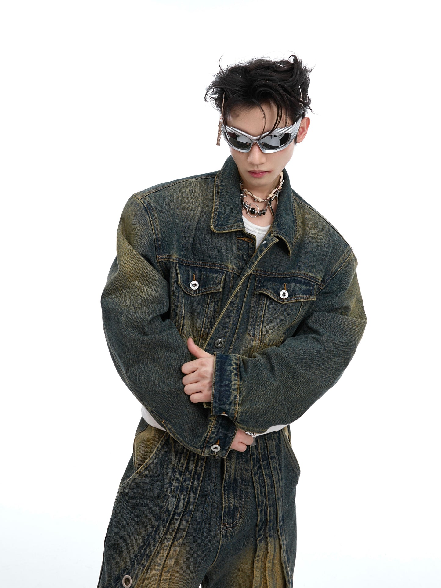 Distressed Gradient Short Denim Coat