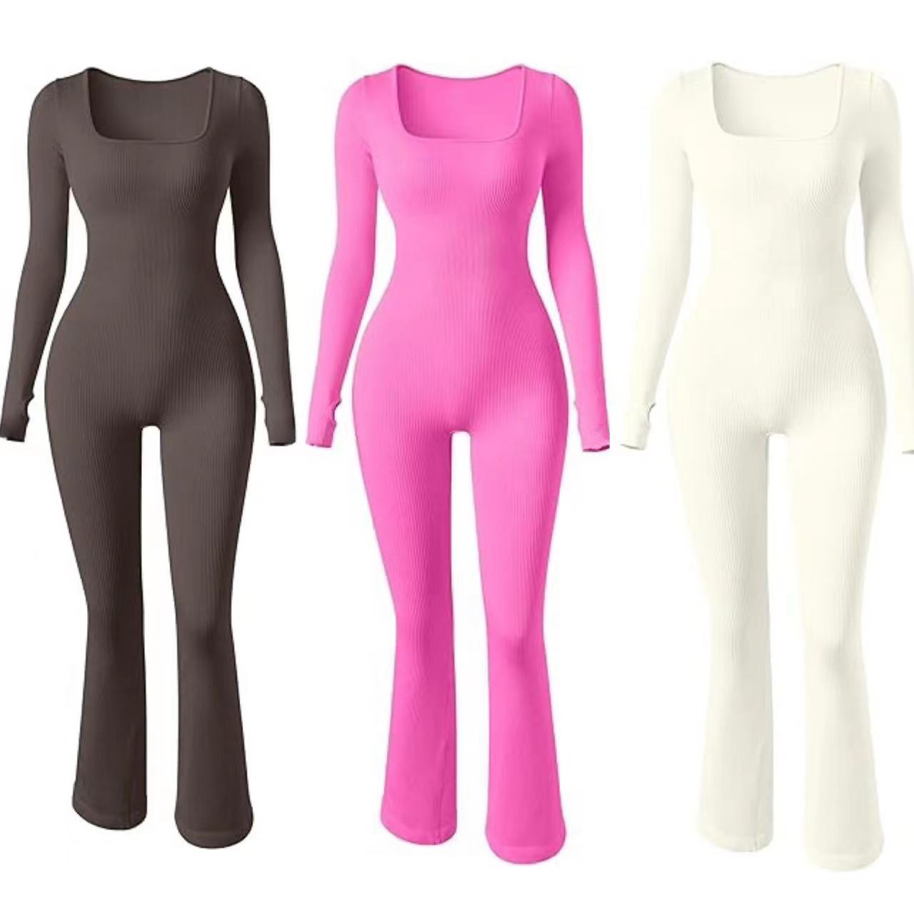 Women Yoga Jumpsuit Rib Sports Long-sleeved Top Bell-bottom Pants