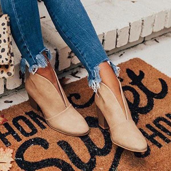 VNew Chunky Heel Thin Solid Color All-match V-mouth Shoes