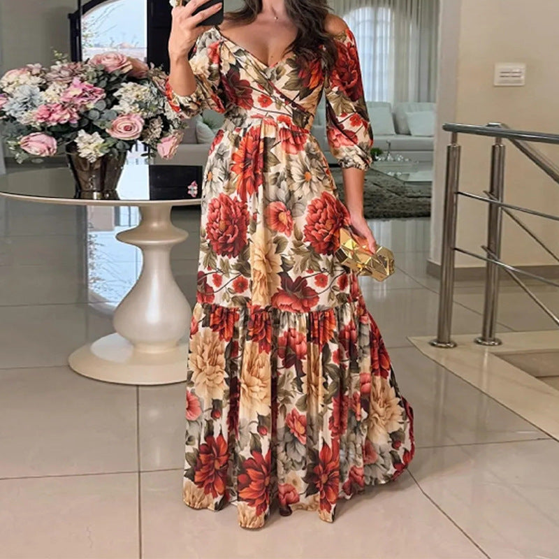 Elegant And Fashionable Womens Printed 34-sleeve V-neck Dress