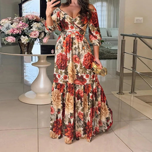 Elegant And Fashionable Womens Printed 34-sleeve V-neck Dress