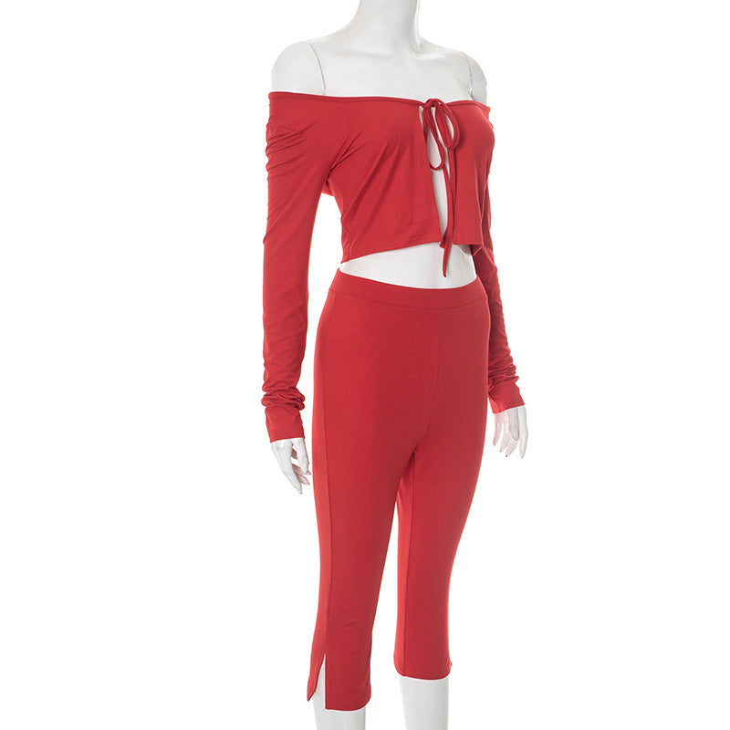 Womens Sexy Solid-Color Bandage Long-Sleeve Cropped Pants Set