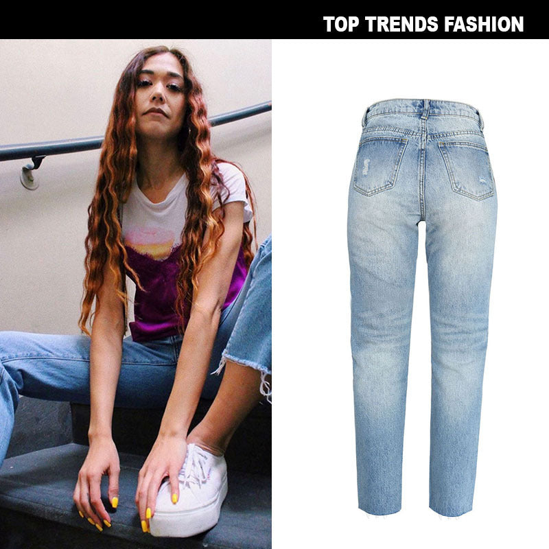 Washed cat whiskers straight frayed jeans