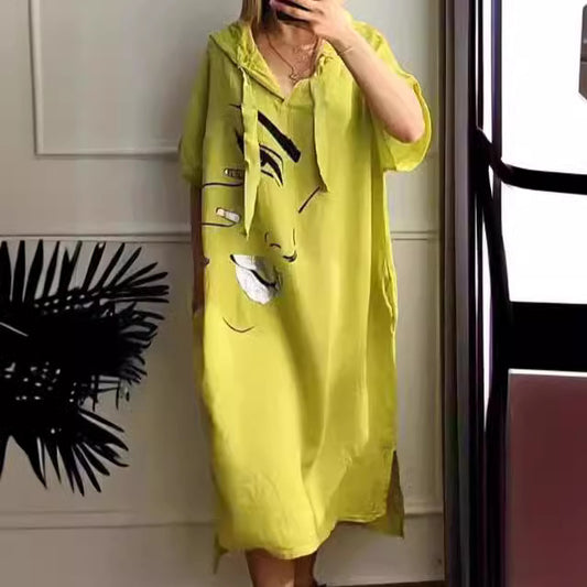 Loose Hooded Face Heat Transfer Patch Dress