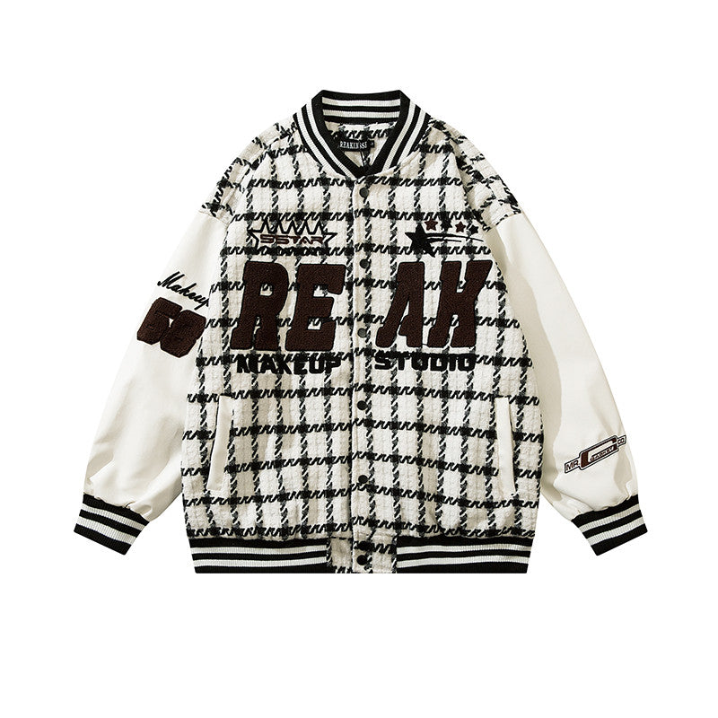 Men's Retro Plaid Flocking Embroidered Baseball Jacket