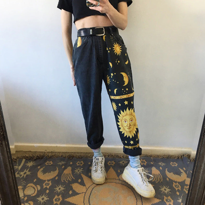 Digital printed straight-leg pants hipster trousers jeans