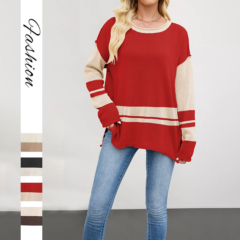 Color-block Crew Neck Loose Versatile Jumper