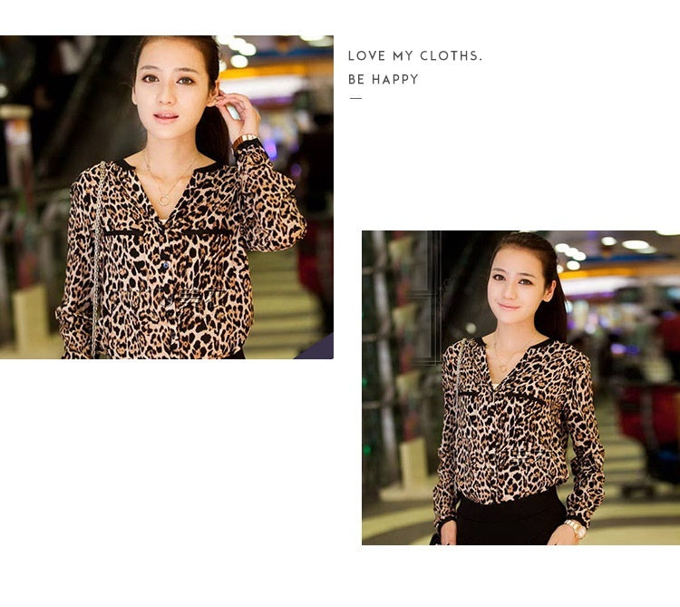 Casual Chiffon Shirt Women's Leopard Print Pattern Anti-DDoS Stand Collar Shirt