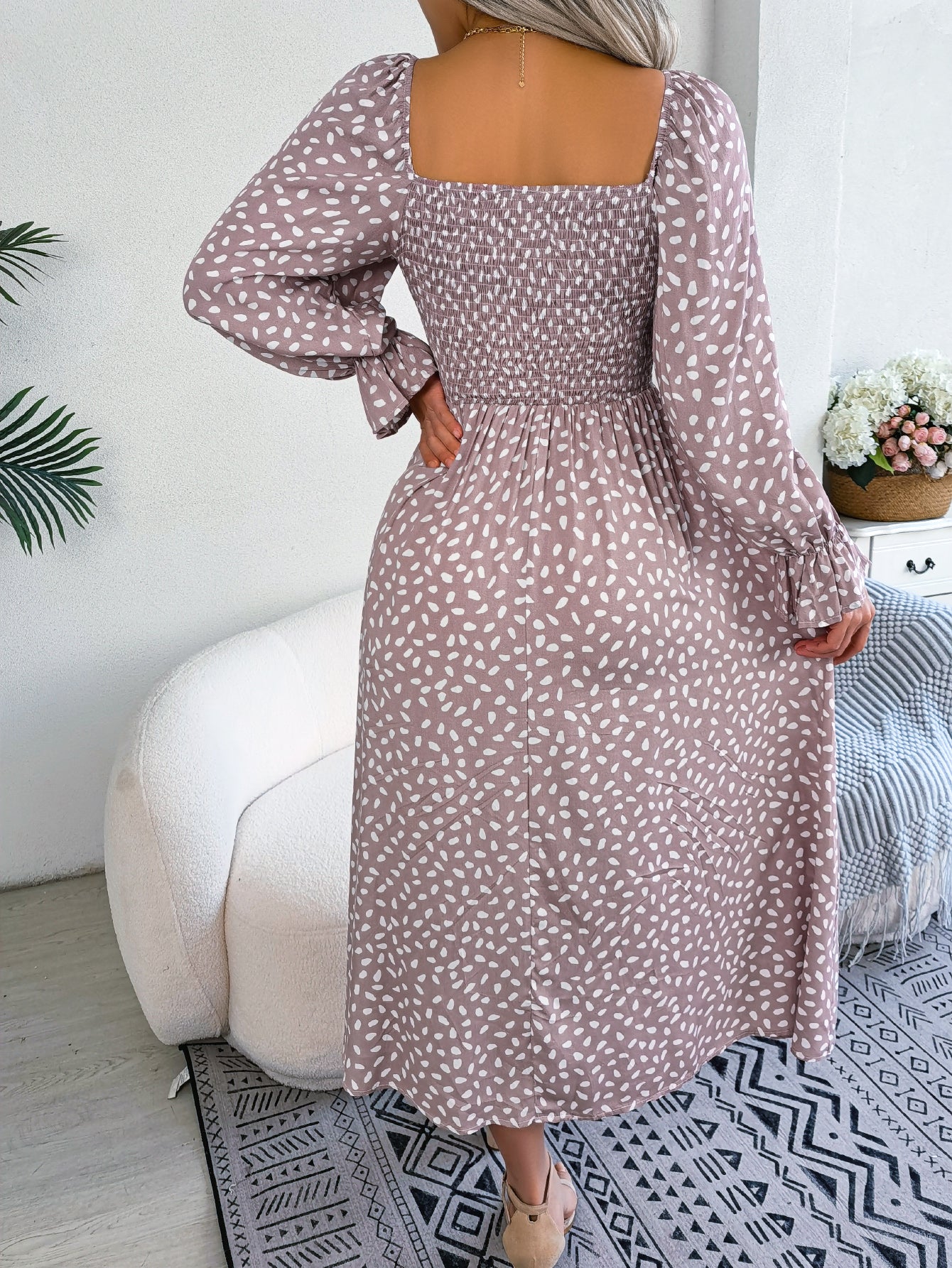 Women Square Neck Long Sleeve Vacation Rayon Pleated Maxi Dress