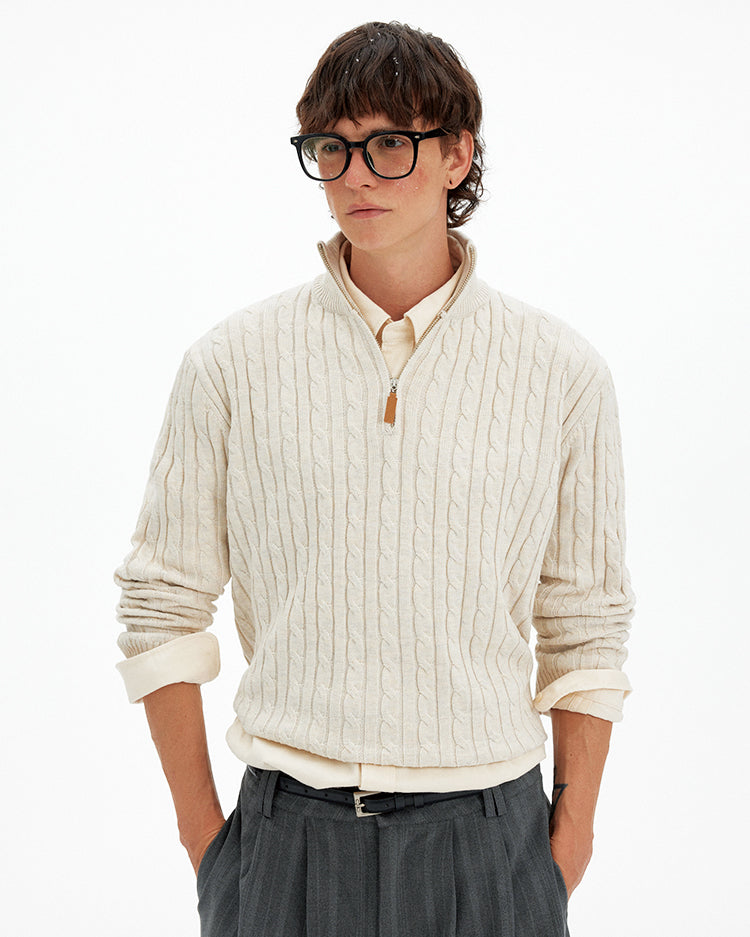 Retro Cable-Knit Half-Zip Sweater Casual Knitted Top