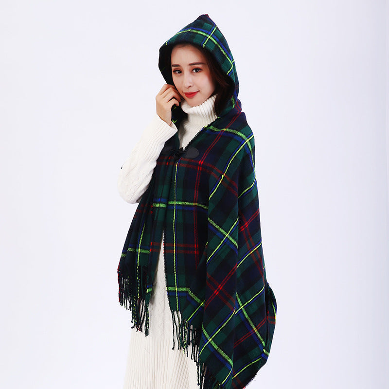 Cashmere plaid national wind hooded horn buckle cloak cloak travel air conditioning shawl