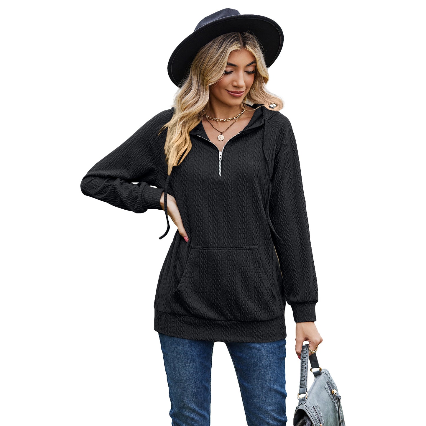 Dame Solid Color Hættetrøje med Lynlås Løs Langærmet Sweatshirt
