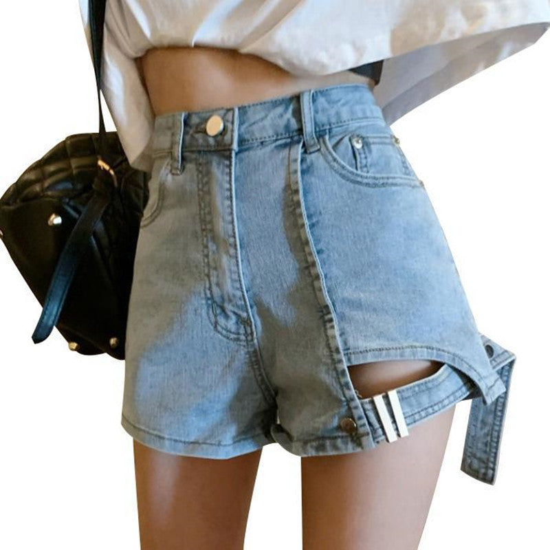 irregular high waist denim shorts