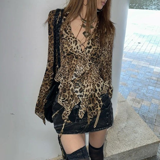Retro Street Babe Top leopardprint V-hals lange ærmer