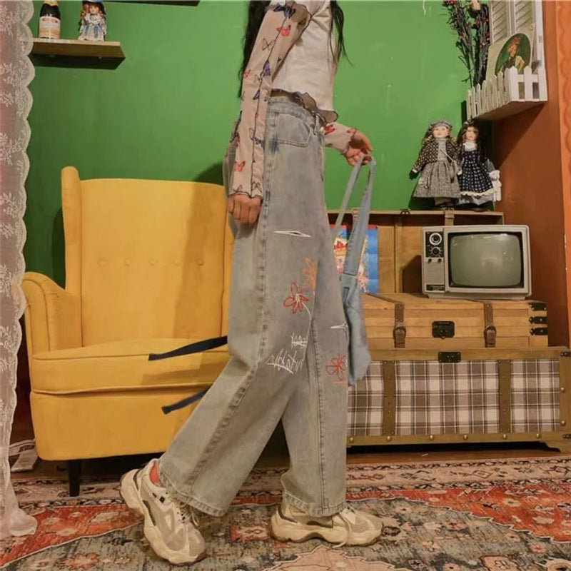 Retro Print Thin Loose High Waist Slim Straight Wide Leg Pants