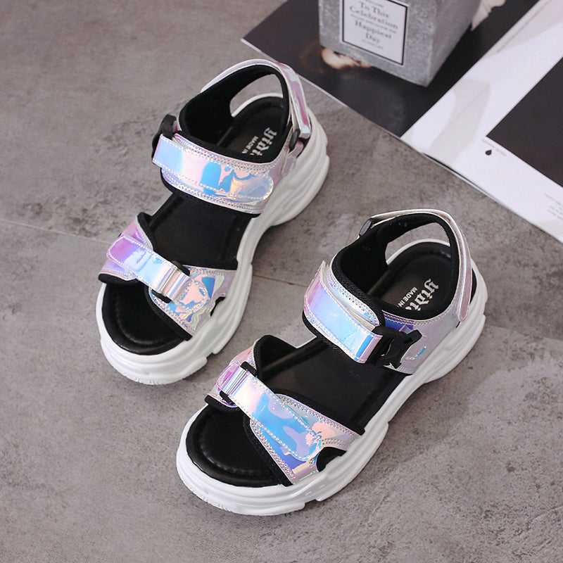 New summer sponge cake and bright leather sandals