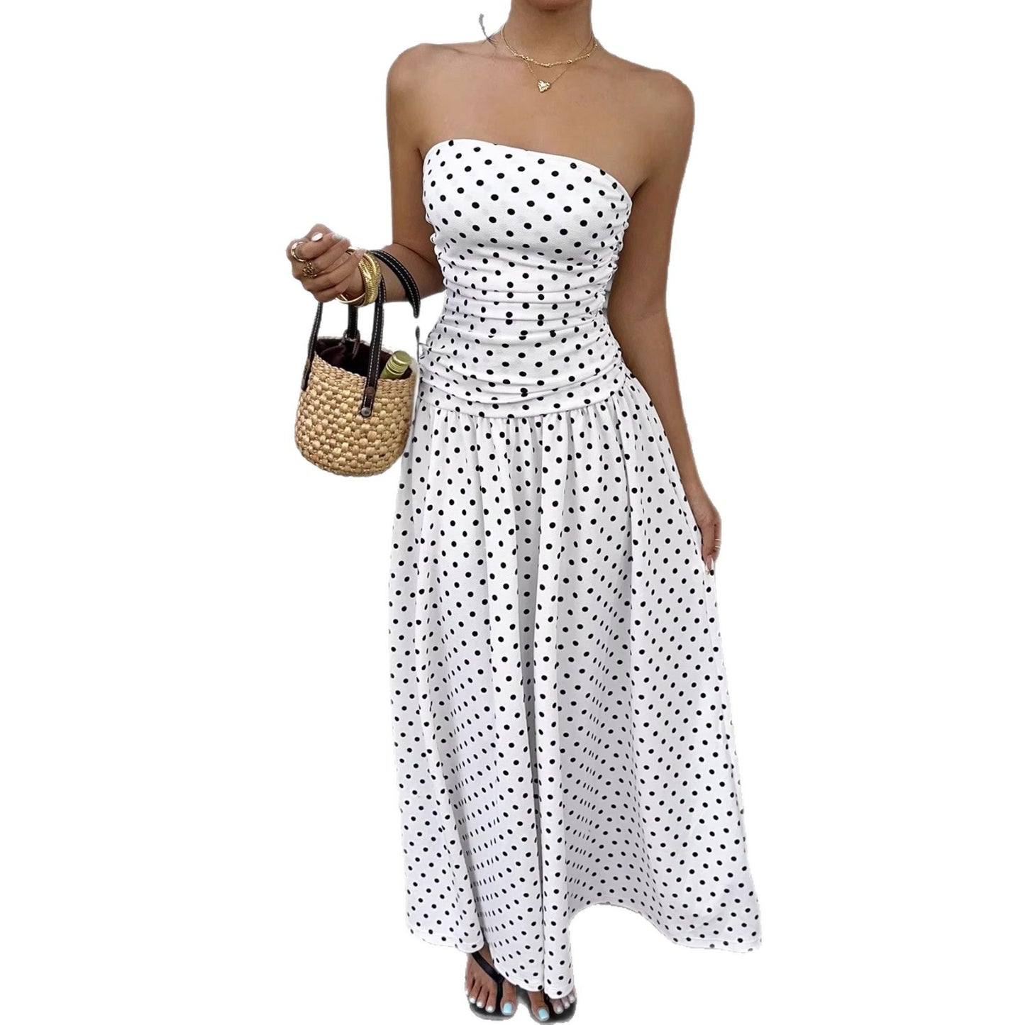 Elegante Prikkede Off-shoulder Kjoler Ensfarvede Stropløse Dame Højtaljede Robe Pendlerfest Forretning Strand Ferie Outfit
