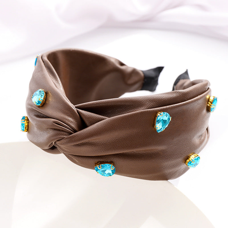 Leather Cross Knot Hairband Green Big Stone Headband Hair Accessories 23 orders