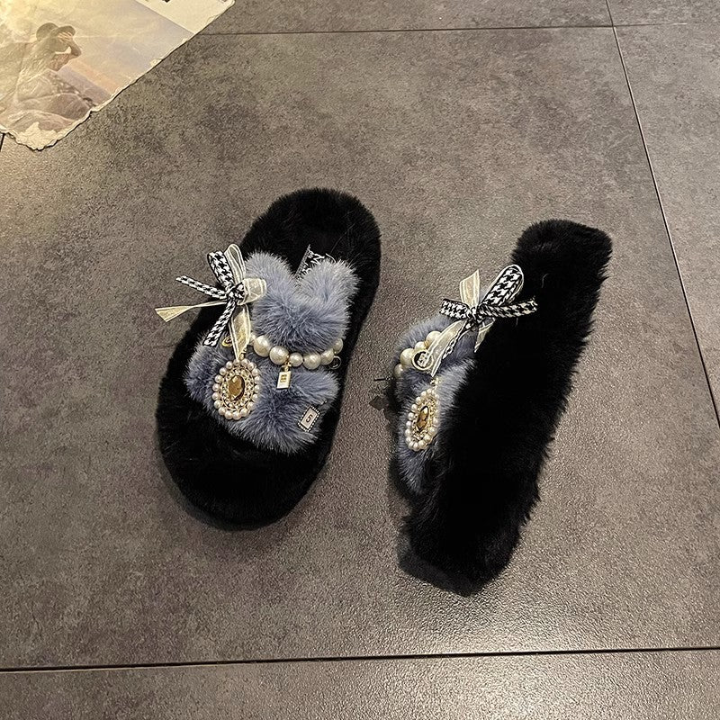 High-grade Pearl Fluffy Slippers Women's Outer Wear