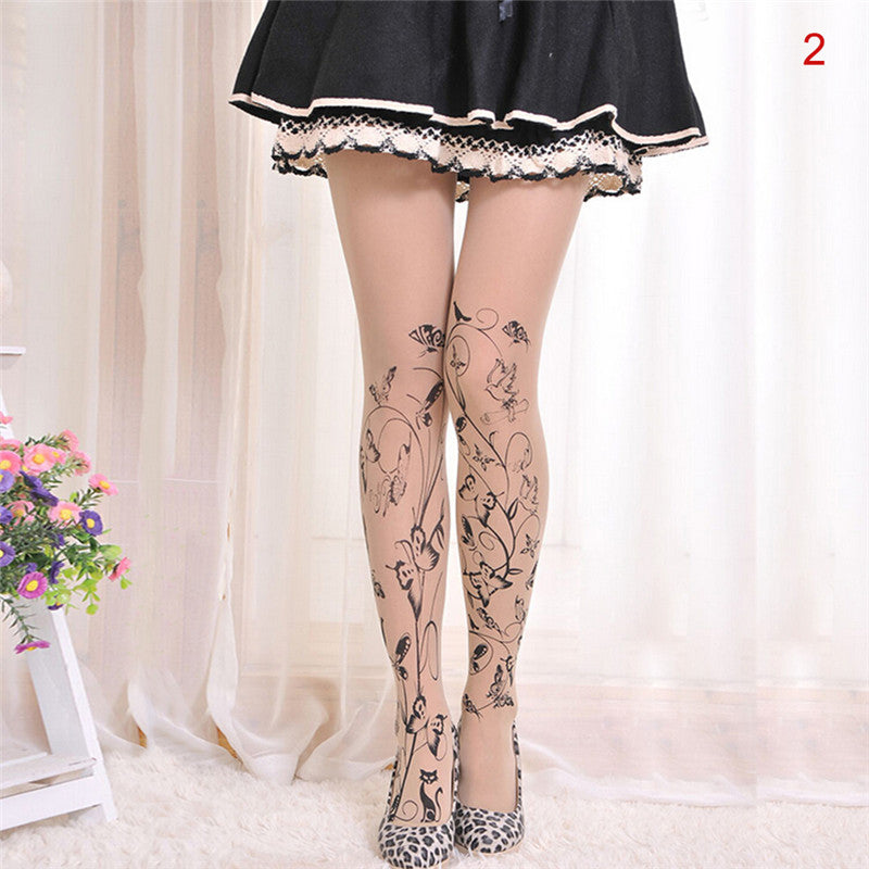 Velvet cartoon fake tattoo printed stockings