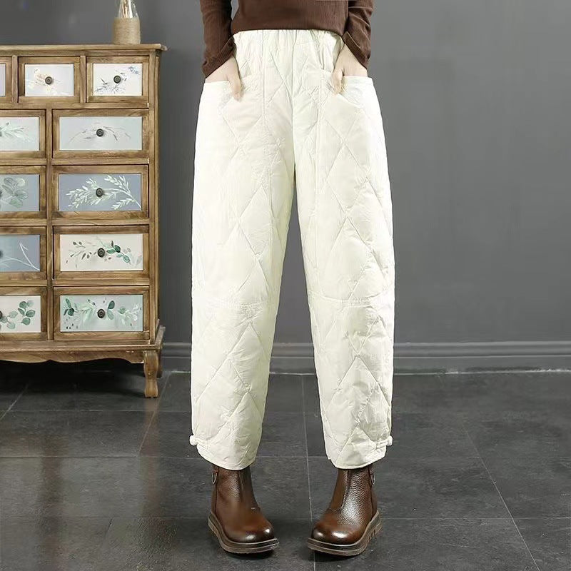 Women's Retro Artistic Solid Color Down Wadded Trousers Rhombic Pressure Wire Buckle Windproof Warm Casual Pants