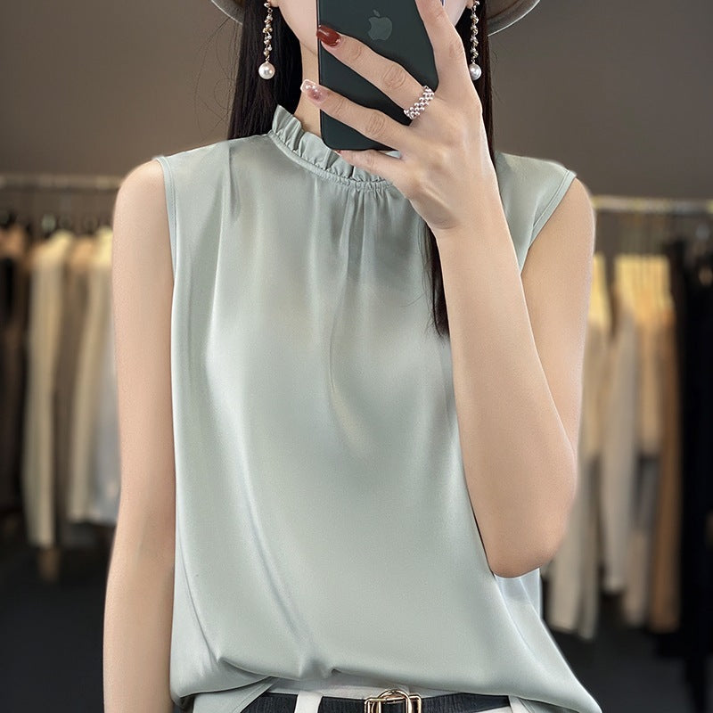 Dame forårs- og sommer-top i ensfarvet løst tyndt satin-stof med vest-snit