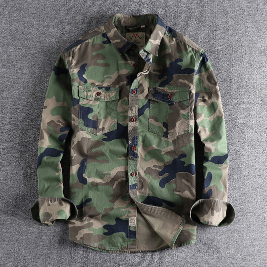 Washed Camouflage American Overalls Long Sleeve Shirt Men