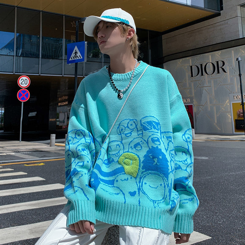 Hong Kong Style Men's Flower Loose Printed Sweater