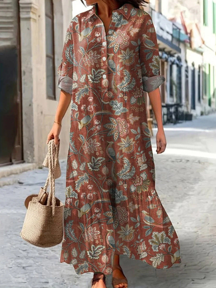 Womens Long-Sleeve Lapel-Neck Digital-Print Dress