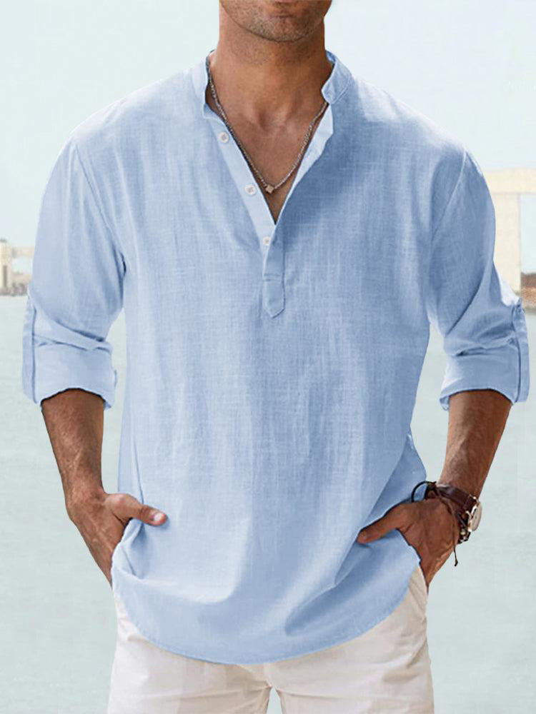 Casual Loose Lapel Cotton Long Sleeve Solid Color Men's Shirt