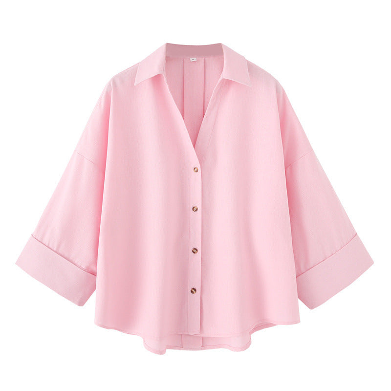 Linen Blended Wide Sleeve V-neck Temperament Shirt