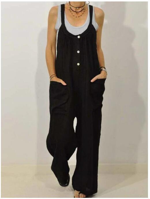 Pocket Solid Color Elastic Button Romper