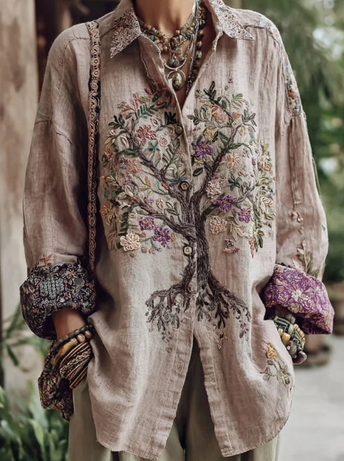 Women's Tribal Tree Of Life Print Long Sleeve Casual Shirt