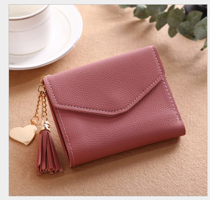 Women's short Korean version of the bag Tassel pendant lychee wallet multi-card position Clutch bag