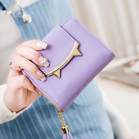 Cute Cat Ears Leather Short Tassel Women Wallet Small Day Clutch Trifold Female Purse ID Coin Card Holder Mini Bag