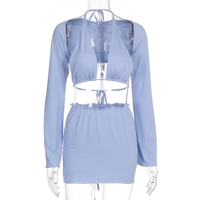 Lace-up Halterneck Braces Long Sleeve Waistcoat Skirt Three-piece Suit