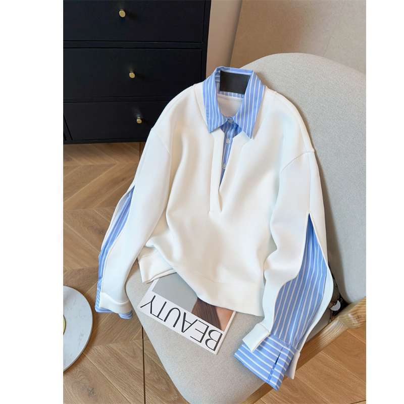 Women's Faux Two-Piece Striped Patchwork Collar Shirt-Hoodie Top