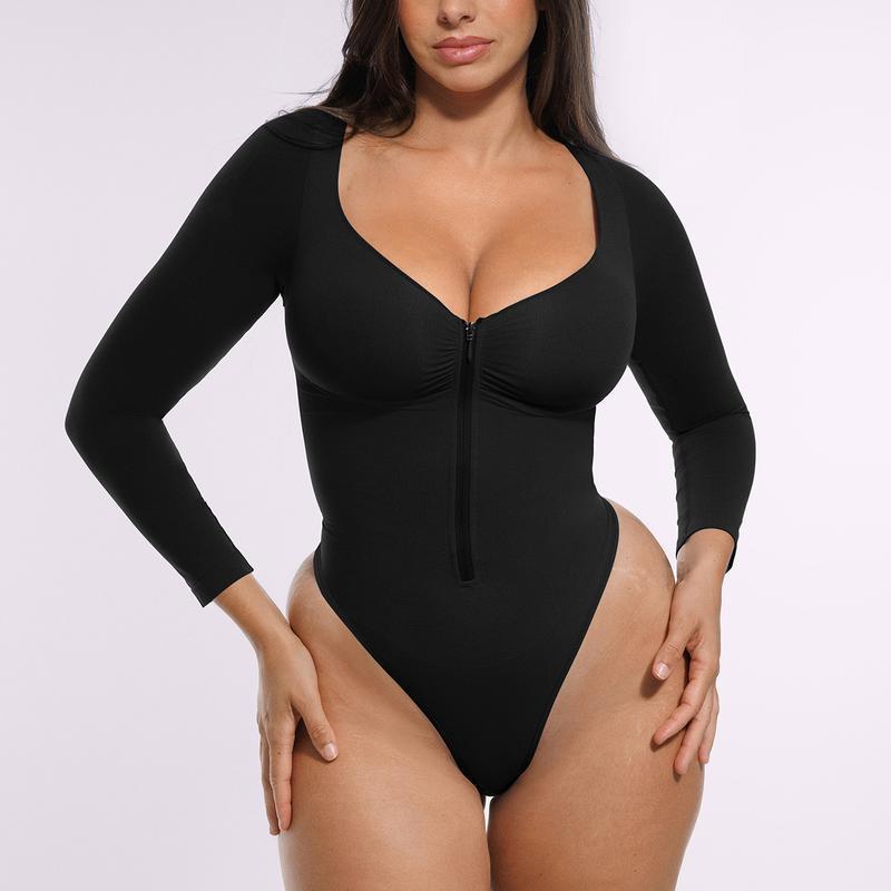 Womens Solid Color Long-Sleeve Half-Zip Jumpsuit