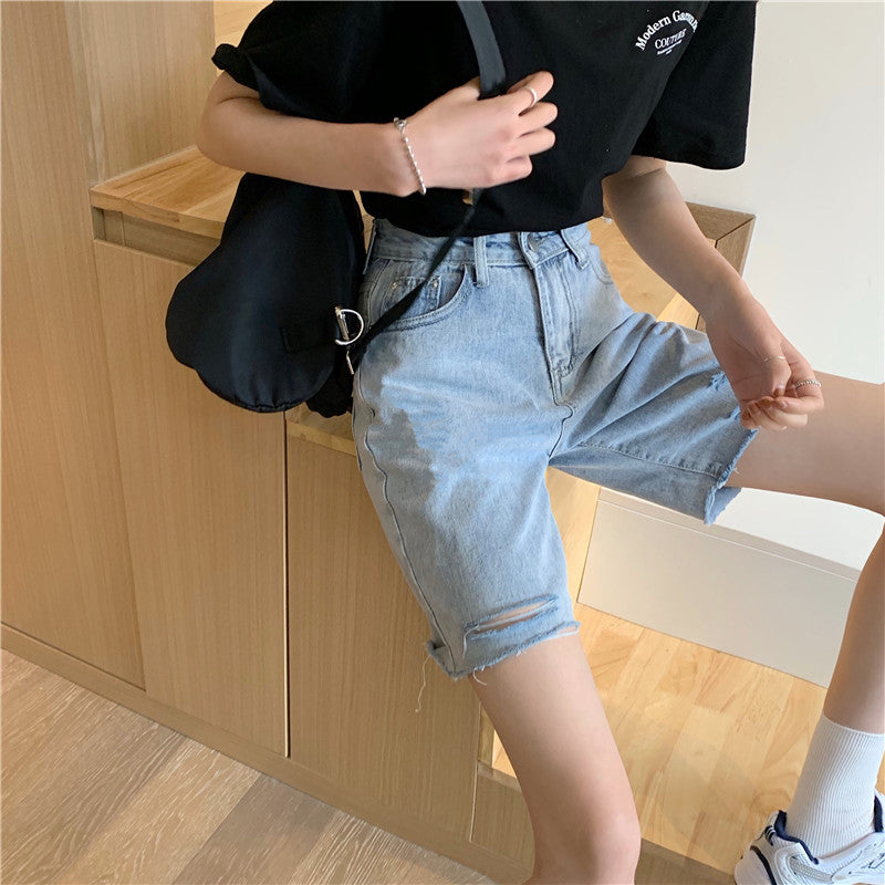 High-waisted slim-hole ruffled five point jeans