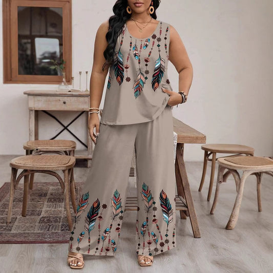 Fashion Casual Printed Sleeveless Wide-leg Pants Set