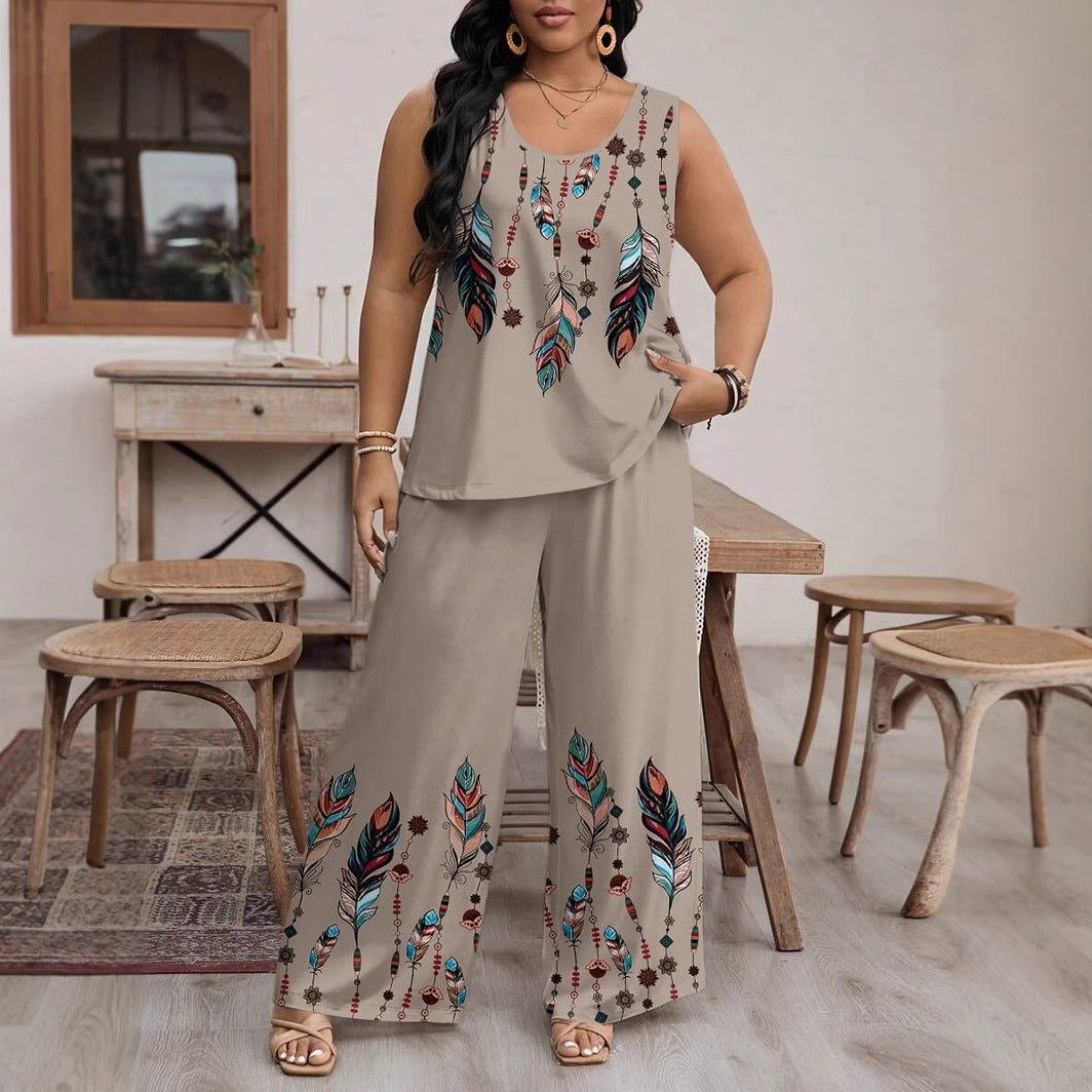 Fashion Casual Printed Sleeveless Wide-leg Pants Set