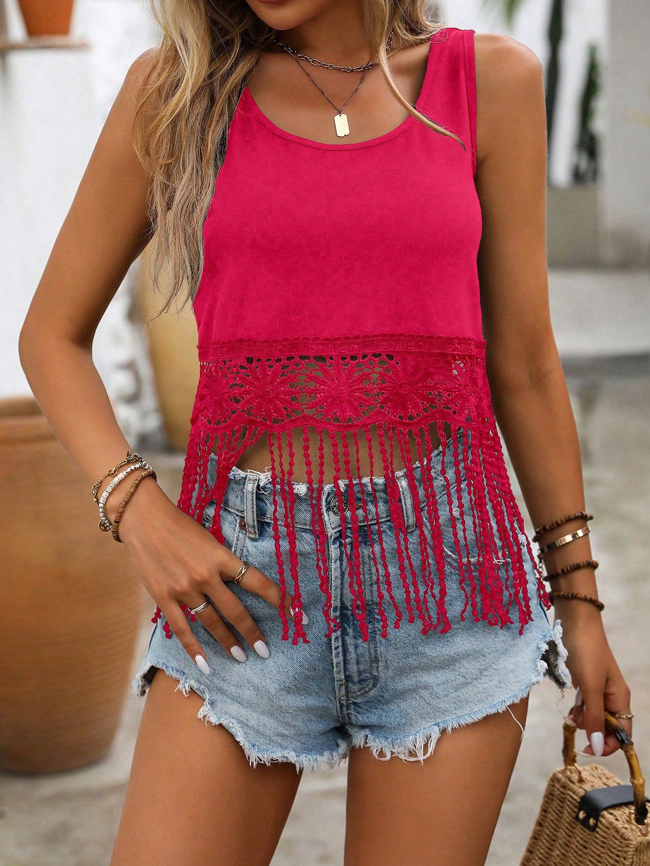 Womens Tassel Hollow-Out Mesh Beach Tank Top