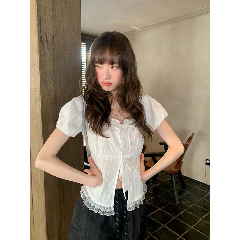 Lace Edge Lace-up Short-sleeved Shirt Women's Top