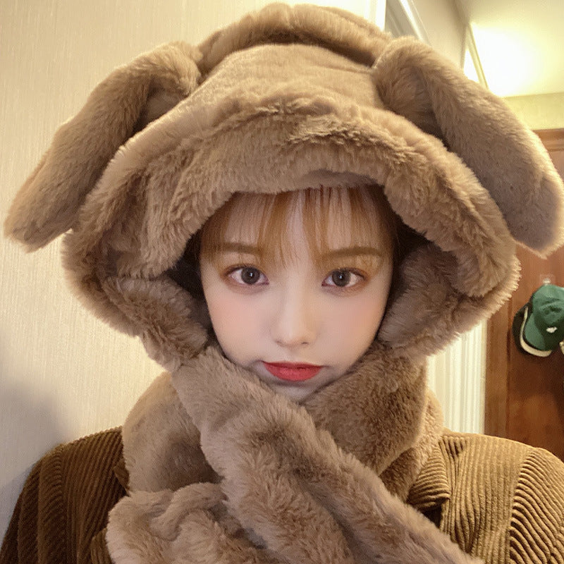 Moving Rabbit Ears Hat Female Autumn and Winter Cute Bear Scarf