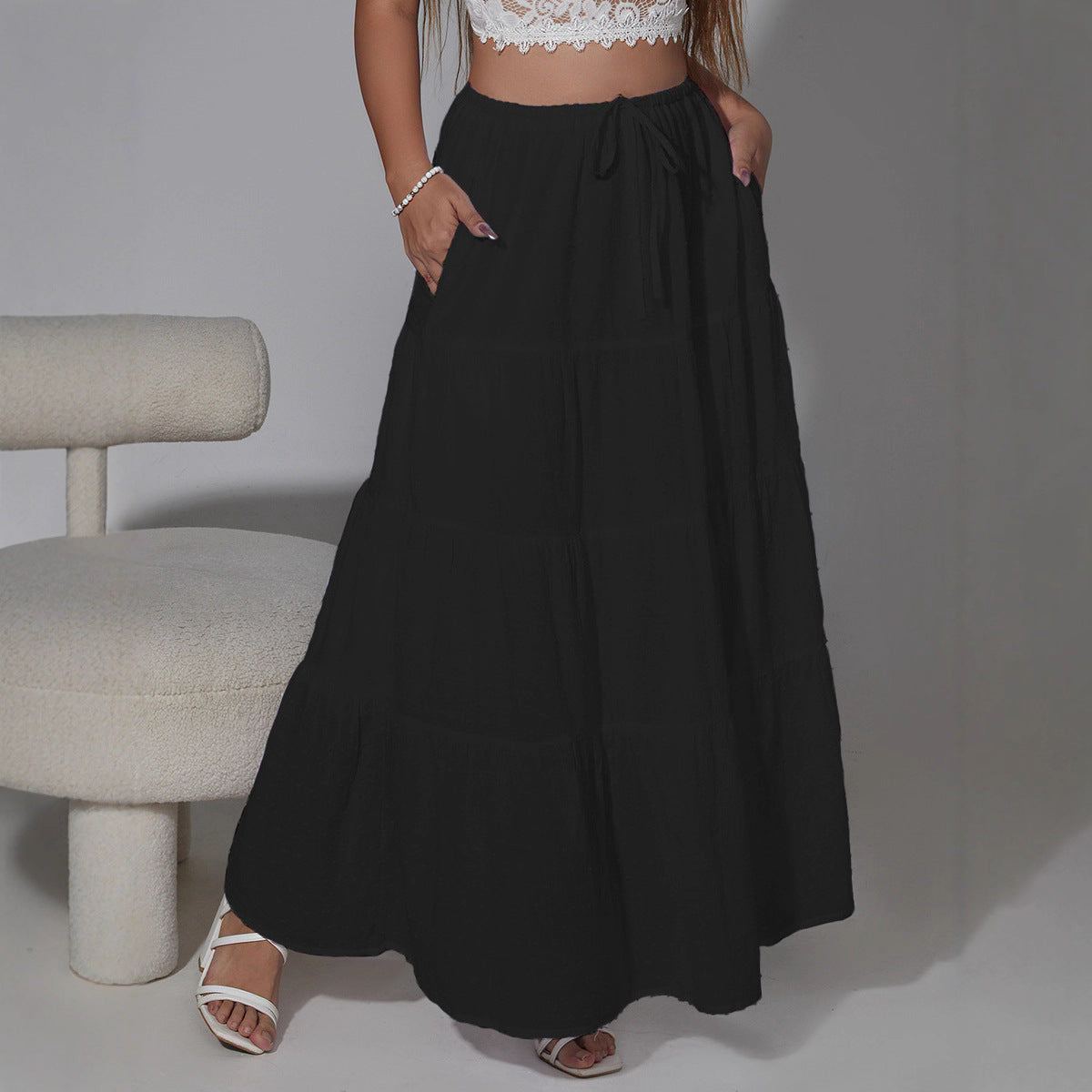 High-waist Elastic Midi Skirt With Four Panels