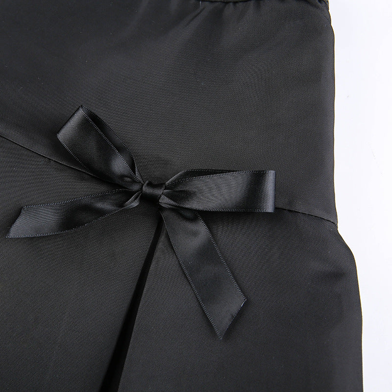 Dark Street Style Lace Stitching Bow Pleated Skirt
