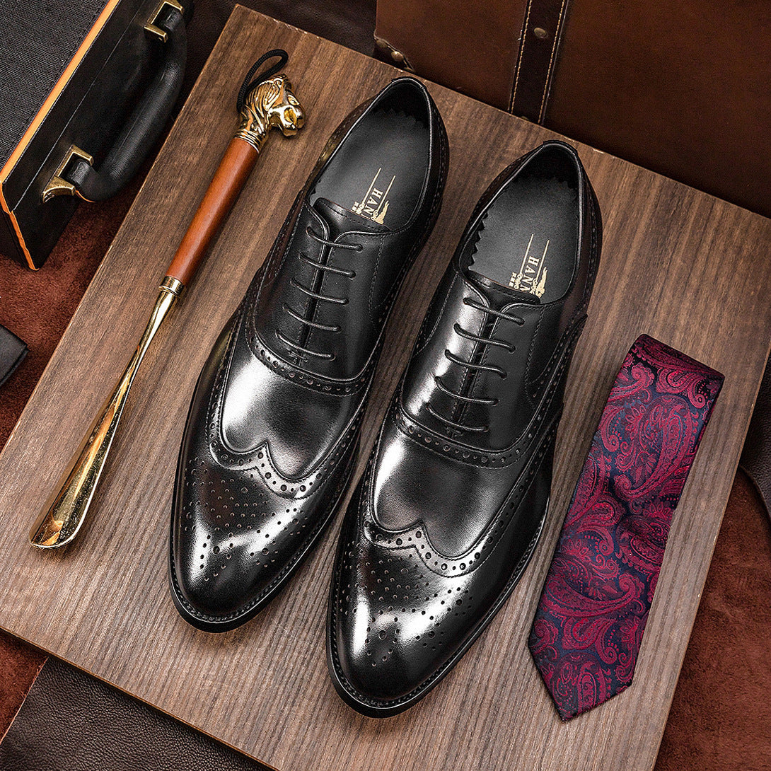 Cowhide Formal Men's Shoes, British Business Casual Shoes, Men's Lace-Up Carved Brogue Shoes