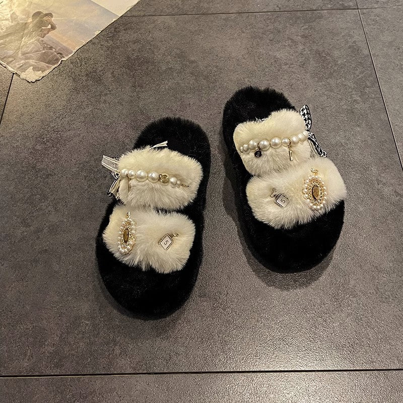 High-grade Pearl Fluffy Slippers Women's Outer Wear