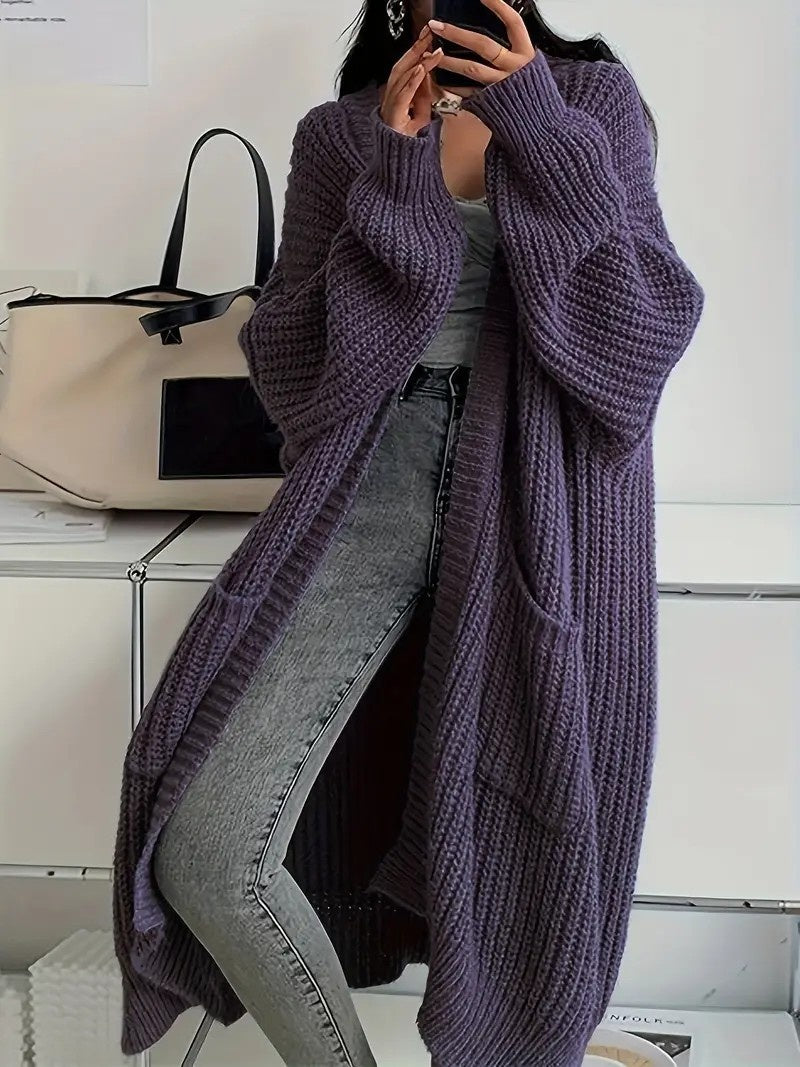 Knitted Long Cardigan With Pockets Fashion All-match Lantern-sleeved Coat